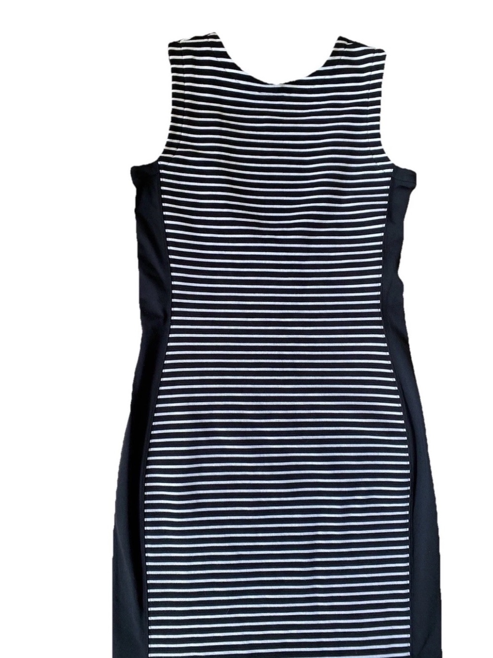 Athleta Black and White Striped Midi Sheath Dress